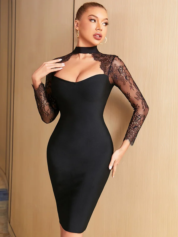 Rocwickline New Summer and Autumn Women's Ball Dress Sexy & Club Celebrities Lace Hollow Out Sheath Elegant Vintage Slim Dress
