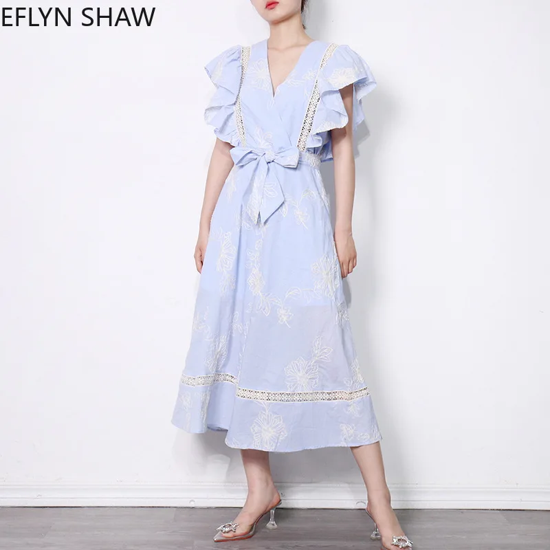 

Женское длинное платье-трапеция, повседневное элегантное платье-трапеция с вышивкой, V-образным вырезом, высокой талией и рукавами-фонарика...