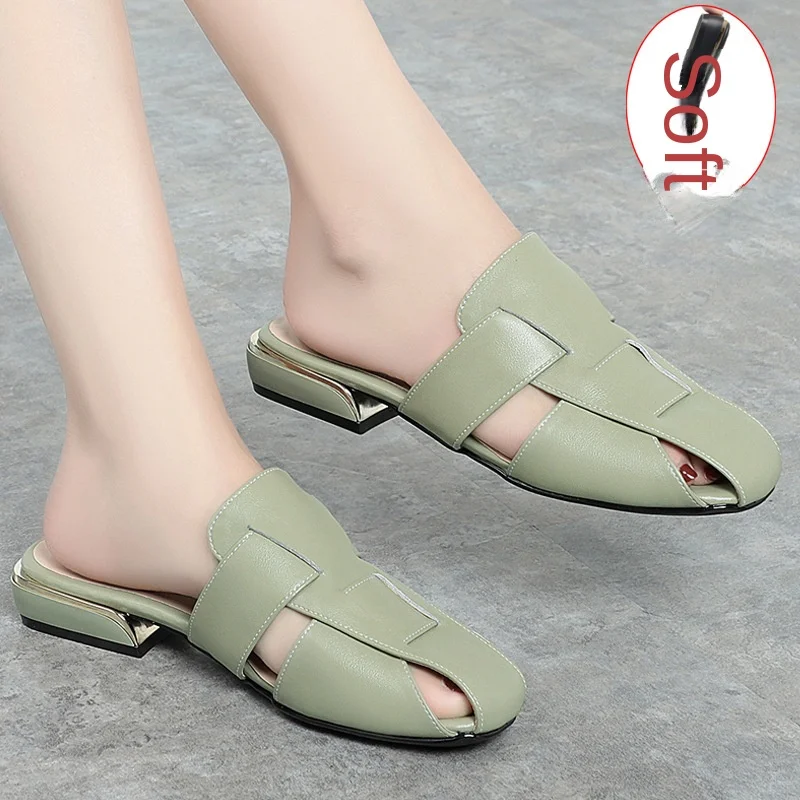 Sandals Women's 2023 New Baotou Slippers Wearing Women's Genuine Leather Fashion Flat Versatile Large-Size Women's Sandals