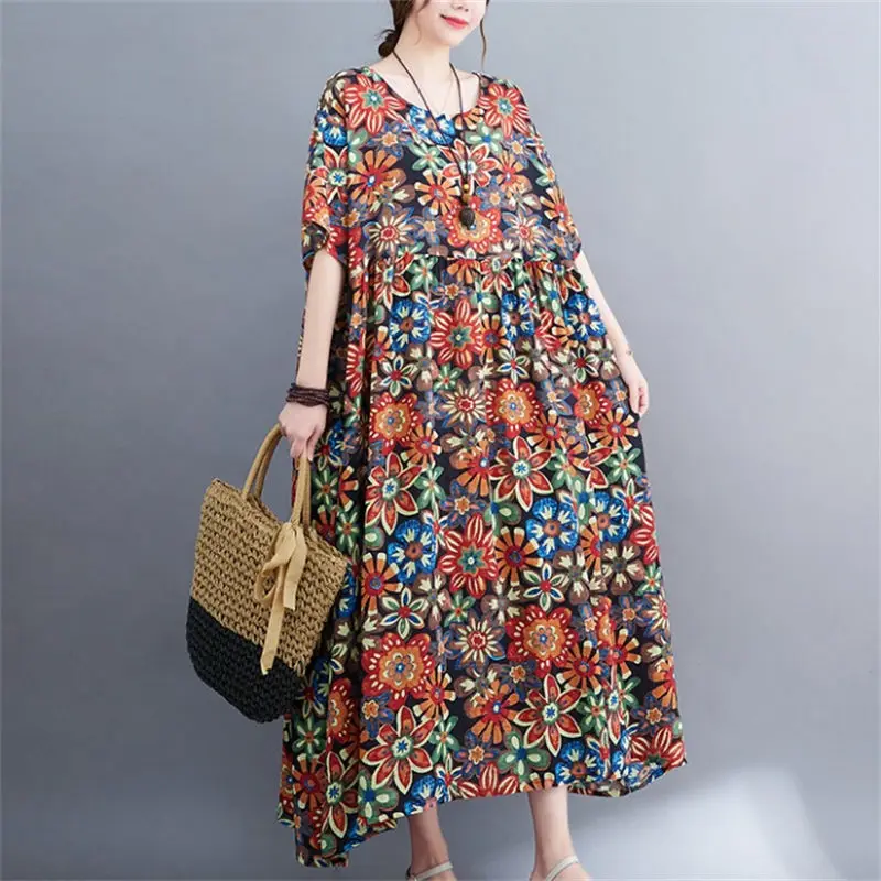 

Женское платье в этническом стиле, свободное платье средней длины из хлопка и льна с цветочным принтом, повседневная одежда, большие размер...