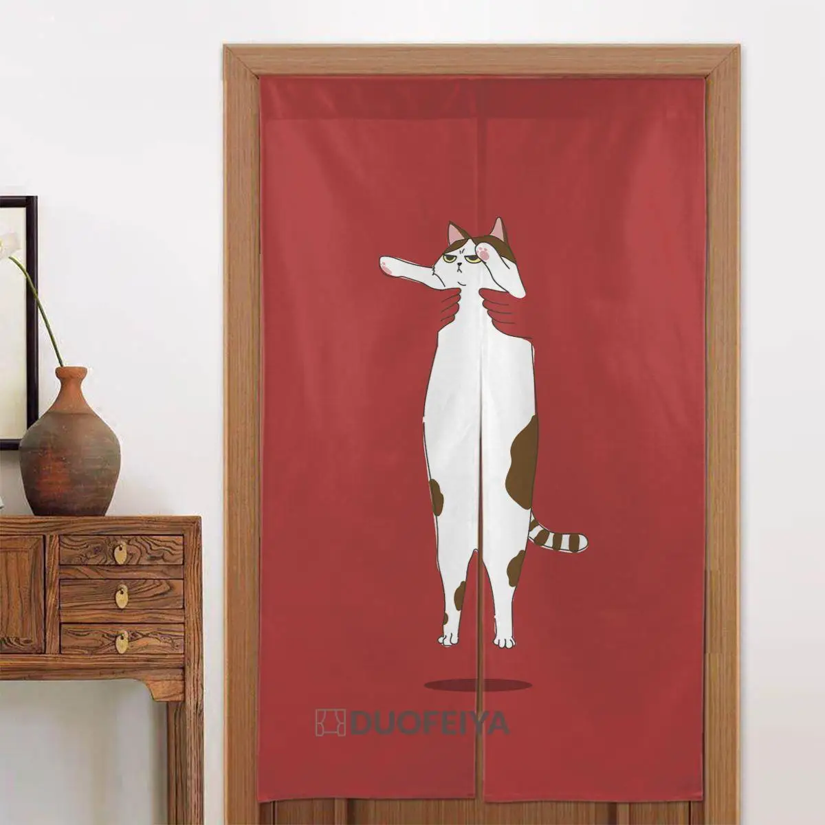 

Hug Tabby Cat Japanese Door Curtains Red Kitchen Restaurant Blackout Curtains Cotton Linen Cool Noren for Cafe Bedroom Gift