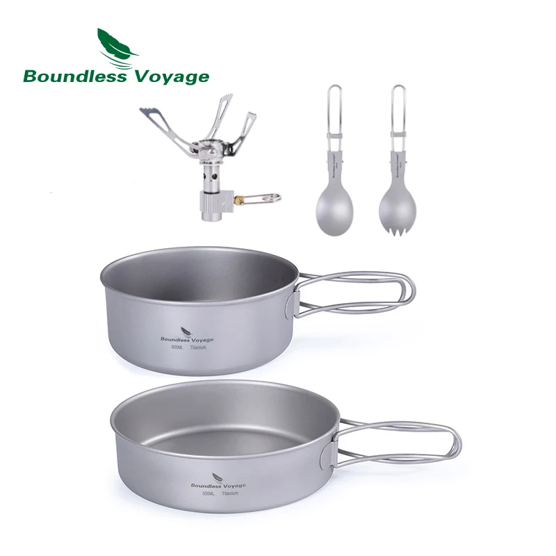 

Boundless Voyage Outdoor Titanium Pot Pan Set With Spoon Spork Camping Gas Stove Hiking Cooking Tableware With Folding Handle