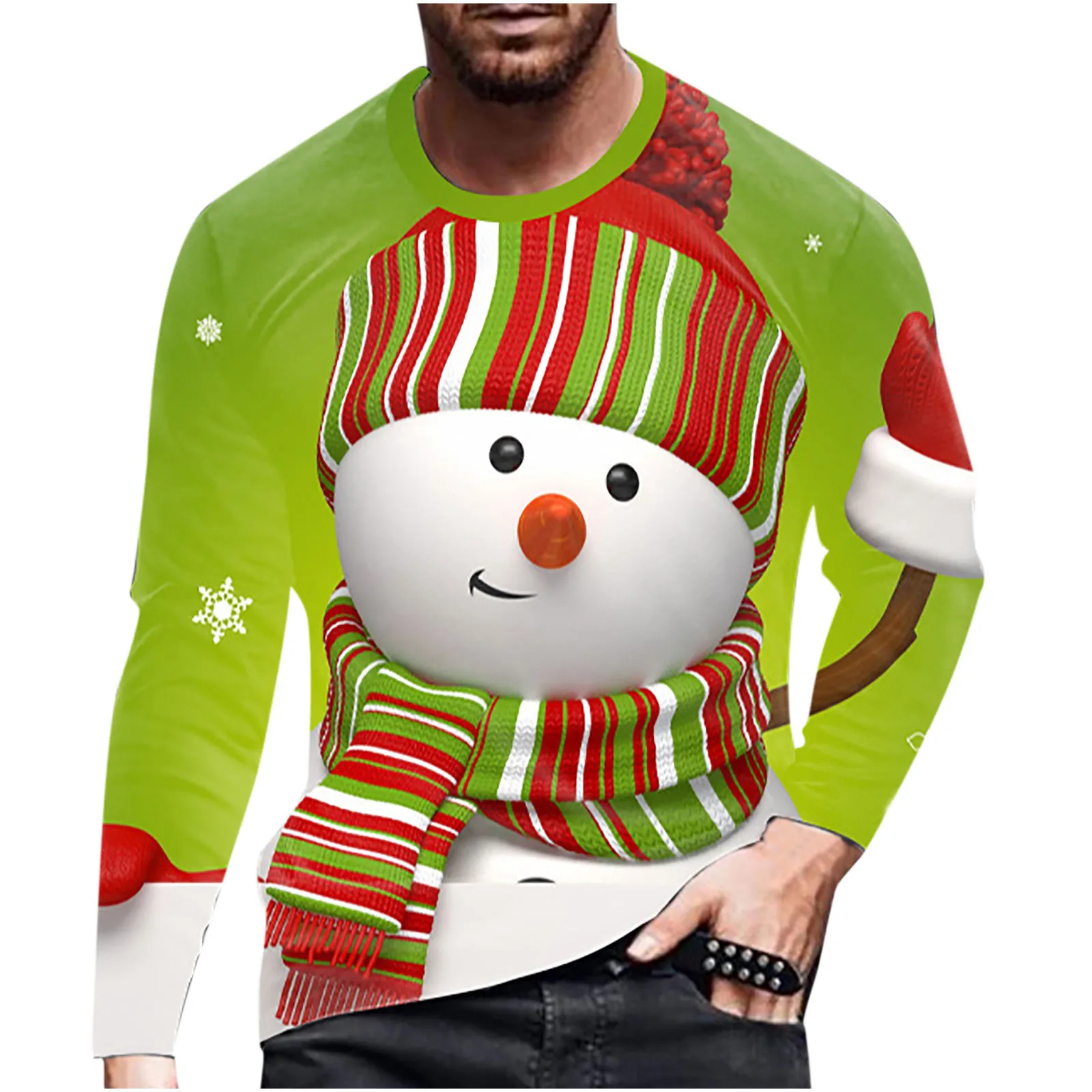 

Футболка мужская с принтом снеговика, длинным рукавом и круглым вырезом