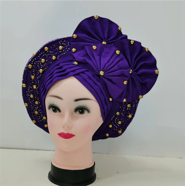 

African Gele Headtie Aso Oke Latest Gele Wrapper Set With Shawl Stone Beads Nigerian Gele Aso Oke Already Made Headwear