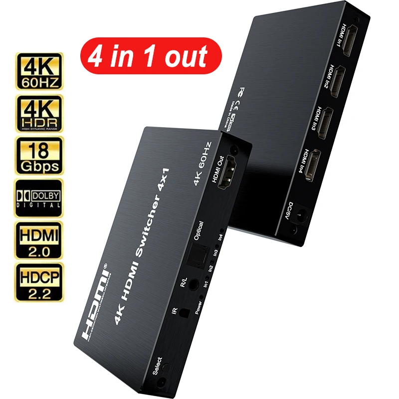 

HDMI2.0 4K 60 Гц HDMI переключатель 4x1 видео преобразователь 4 в 1 выход подходит для динамика 3,5 мм оптический волоконный аудио экстрактор для PS4 Ps5 ПК к телевизору