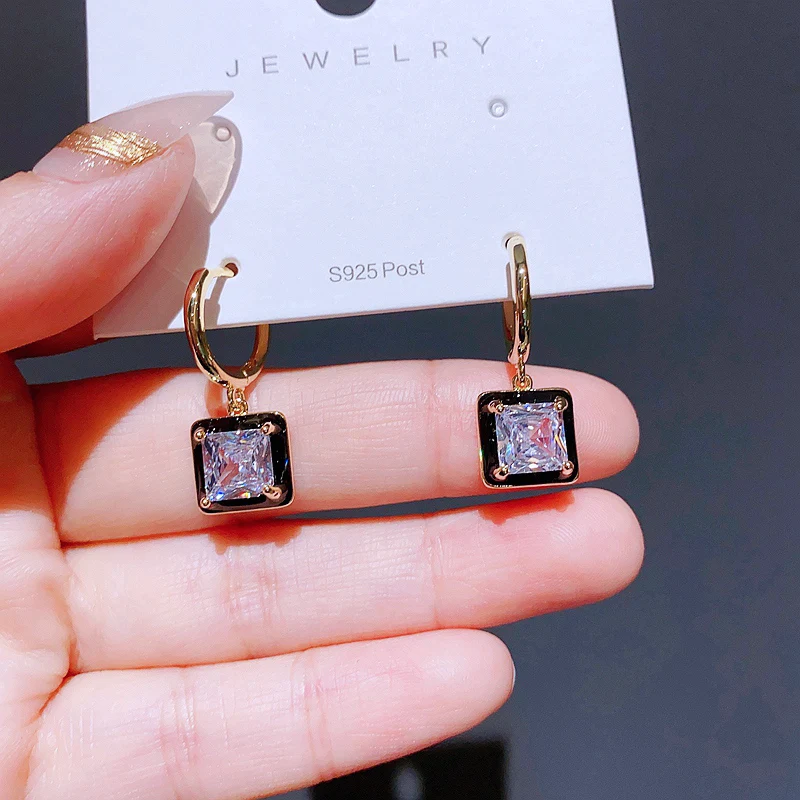 

Korean Fashion Oil Drip Square Cubic Zirconia Dangle Earrings Gold Color Plated Women Gift Jewelry