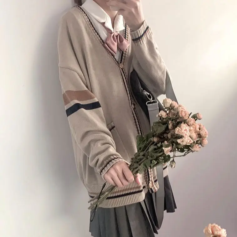 Spring Autumn Solid Stripes Casual Knitted Long Sleeve Cardigan Men Loose Top Sweater Gentle College Style Students Unisex DK JK