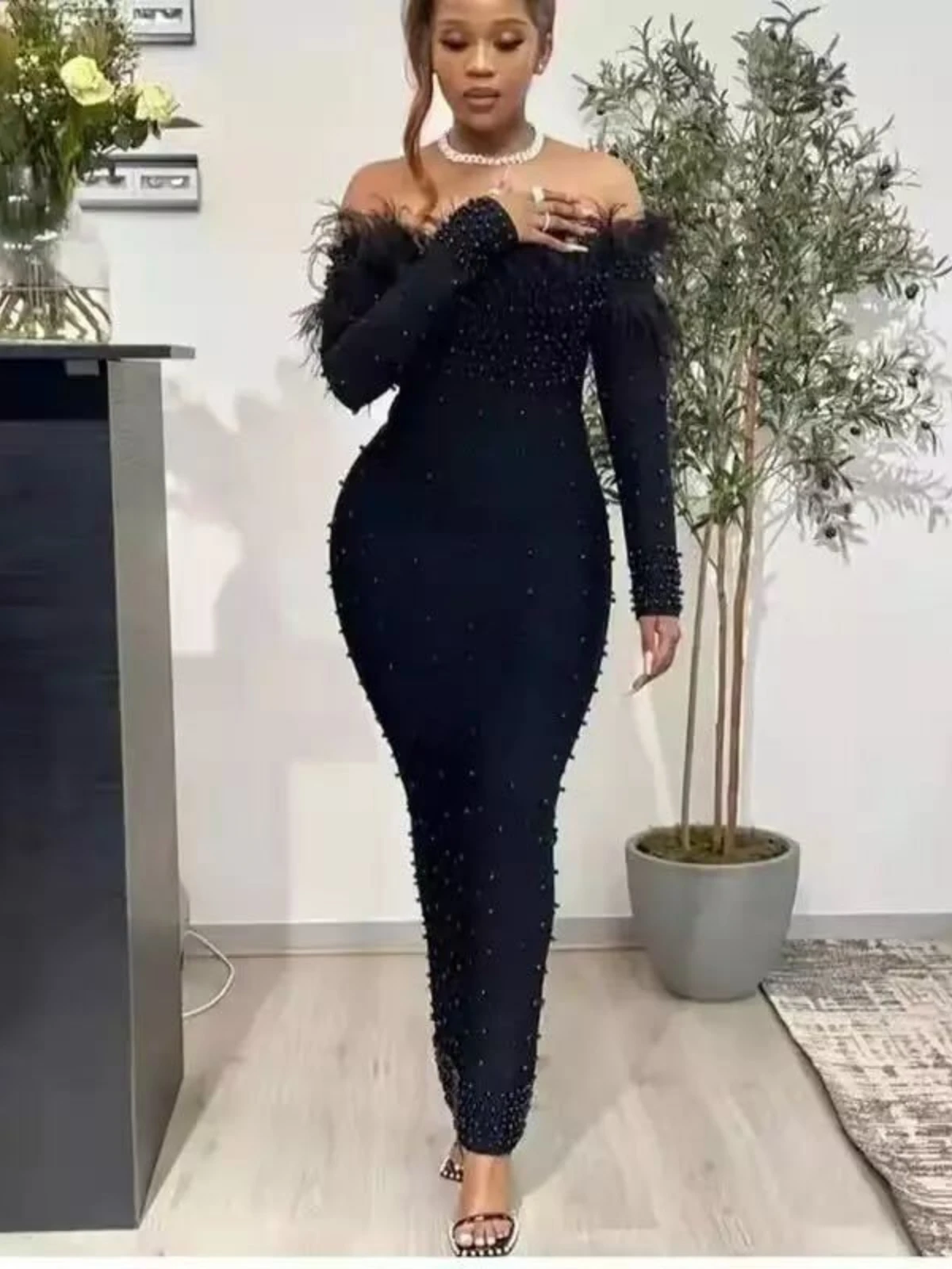 Новое Элегантное Вечернее Платье с белыми бусинами женская одежда облегающее