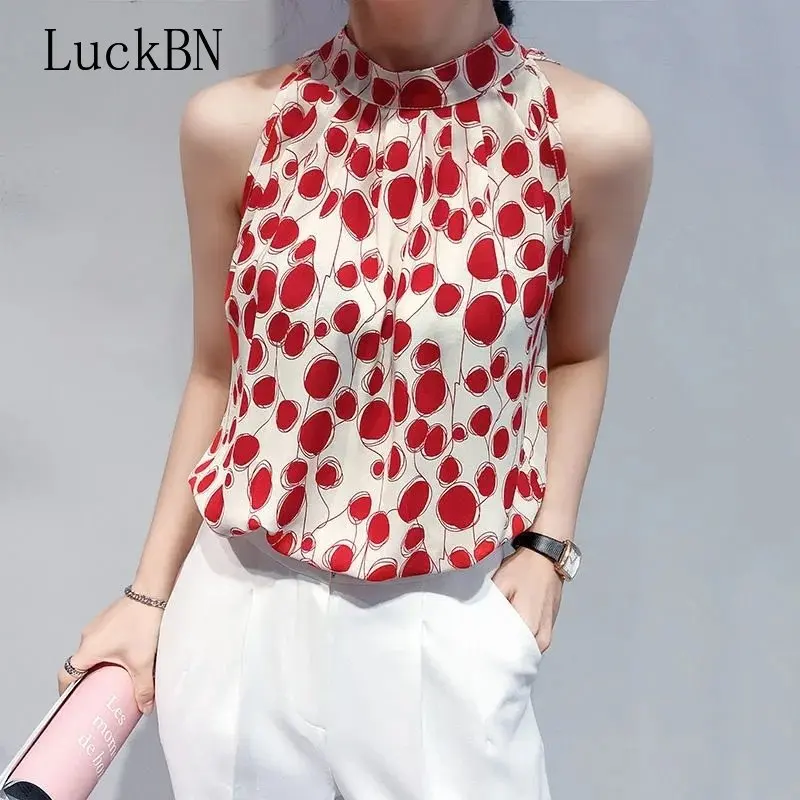 

Women Button Blouses Shirt Loose Floral Female Top Summer Blusas Female Sleeveless Chiffon Shirts Camisas Mujer Pink 2023 New