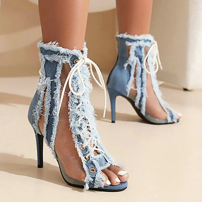 

Brushed Fringes Denim Jeans Punk Gothic Lace-up Summer Women Boots Peep Toe Thin High Heels Blue Stiletto Boots Sandals Size 46