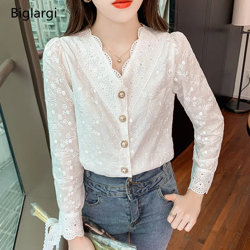 

Lace Embroidery Ruffle Blouse Shirt Casual Spring Women Blouses Elegant Office Shirts Korean Fashion Woman Modis Tops 2022