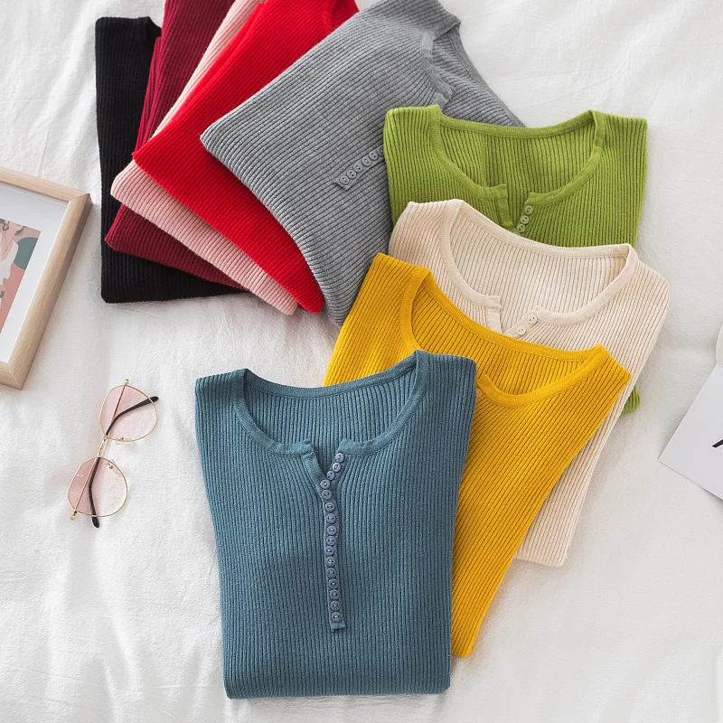 

2023 Autumn Winter New Knitted Sweater Pullover Women V-neck Buckle Top Slim Bottom Shirt Long-sleeve Warm Sweater Jumper 83B