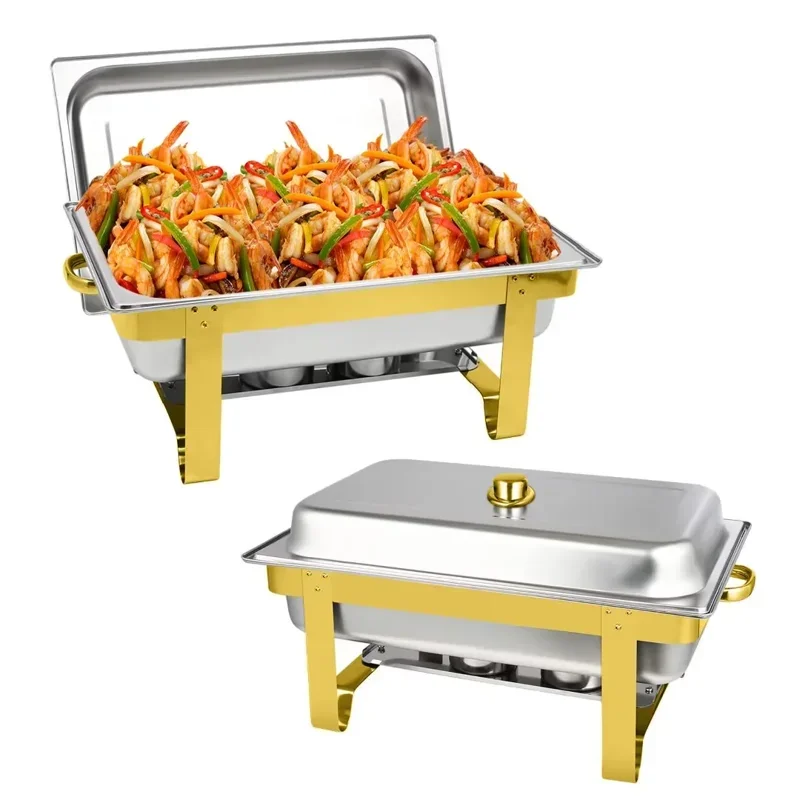 

Dish Buffet Set 2 Pack, Stainless Steel 8 QT Rectangular Foldable Chafers and Buffet Warmers Set in Gold Accents Full Size Food