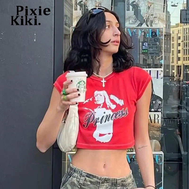 

Винтажные футболки PixieKiki с графическим рисунком, красная Детская футболка с коротким рукавом Y2k, уличная одежда, летняя одежда для женщин, Мо...