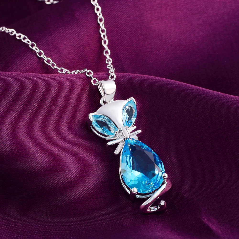 

925 Stamp Fashion Blue Crystal Fox Pendants And Necklaces For Women Wedding Party Vintage Jewelry 2021 Female Gift