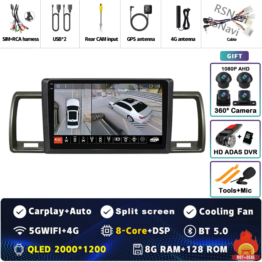 

Автомобильный радиоприемник Carplay Android 15 для Toyota Hiace 2004-2019 мультимедийный видеоплеер навигация GPS стерео 2 Din головное устройство WIFI + 4G