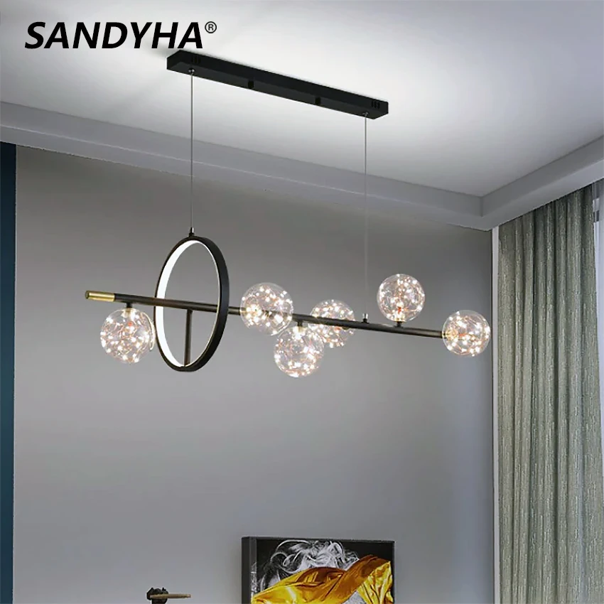 Купи Modern Glass Bubble Chandelier Nordic Dining Room Led Lamp Black Ring Square Restaurant Light Kitchen Home Hanging Pendant Light за 8,925 рублей в магазине AliExpress