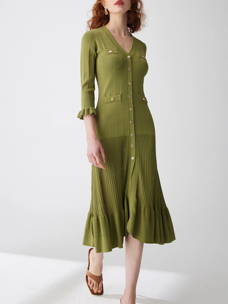 2023 New In Women Mixed Ribbed Knit Midi Dress Button-up Stretch-knit Going Out Wearing High Quality Greeen Mid-Calf V-Neck