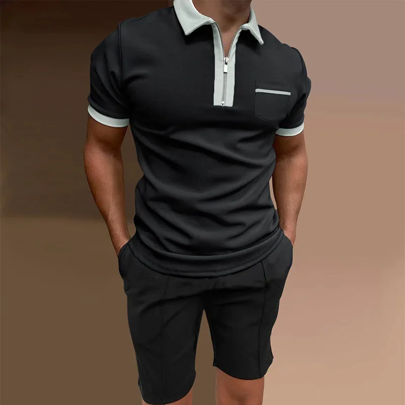 2023 New Men's White Suit Summer Short Sleeve Zipper Polo Shirt And Shorts Suit Fashion Men Two Piece Set