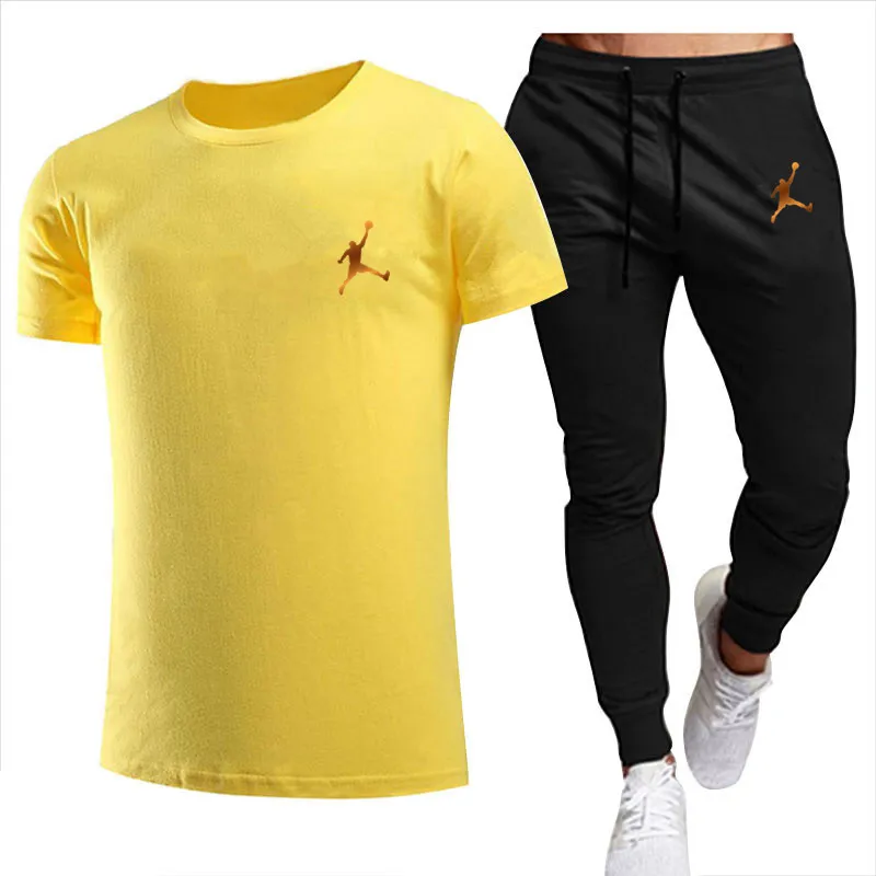 2023 Men's Leisure Sports Suit Men's Leisure Fitness Sports Suit Short Sleeve T-shirt + Trousers