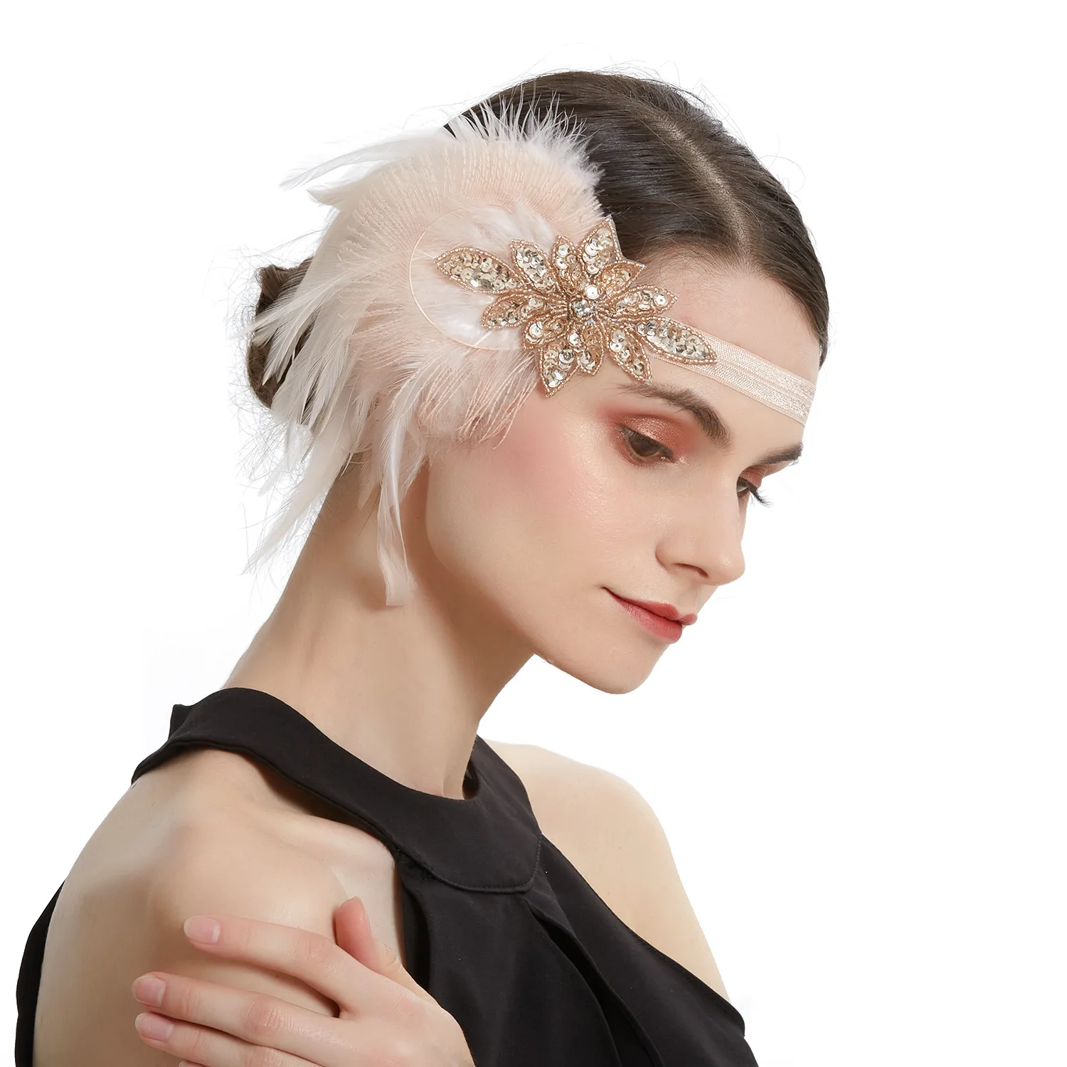 

Hair Accessories For Women Girls Black Headband Rhinestone Sequin Vintage Party Headpiece Beaded Flapper Hair Feather Headband
