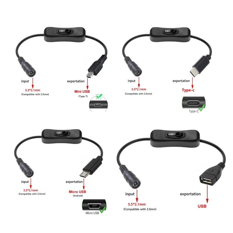

Type C Male/Micro USB Male/Mini USB Male/USB Female to 5.5x2.1mm 5.5x2.5mm Female Connector Adapter 5V Power Cable with Switches