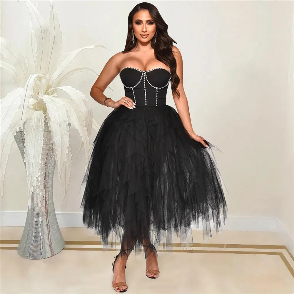 

Summer New Fashion Solid Color Hot Drill Tube Top Fluffy Mesh Dress Women's Party Banquet Dress 2022