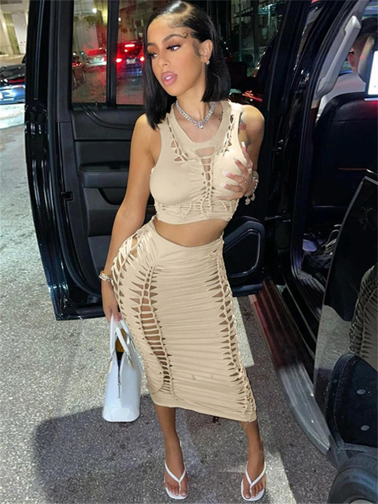 

Yesikey Sexy 2 Piece Sets Hollow out Round Collar Crop Top And Bag Hip Long Skirt Set Summer Fashion Bodycon Solid Matching Sets