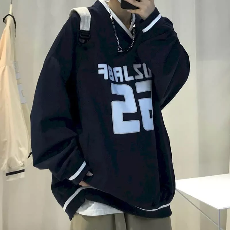 

2022NEW Hop Sweatshirt men's spring Korean loose hedging v-neck printing long-sleeved college wind jacket Hong Kong style sh