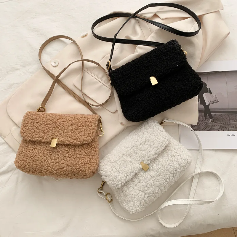 

Fashion Women Soft Plush Handbags Faux Lamb Wool Ladies Small Square Shoulder Bags Retro Solid Color Female Purse Messenger Bag