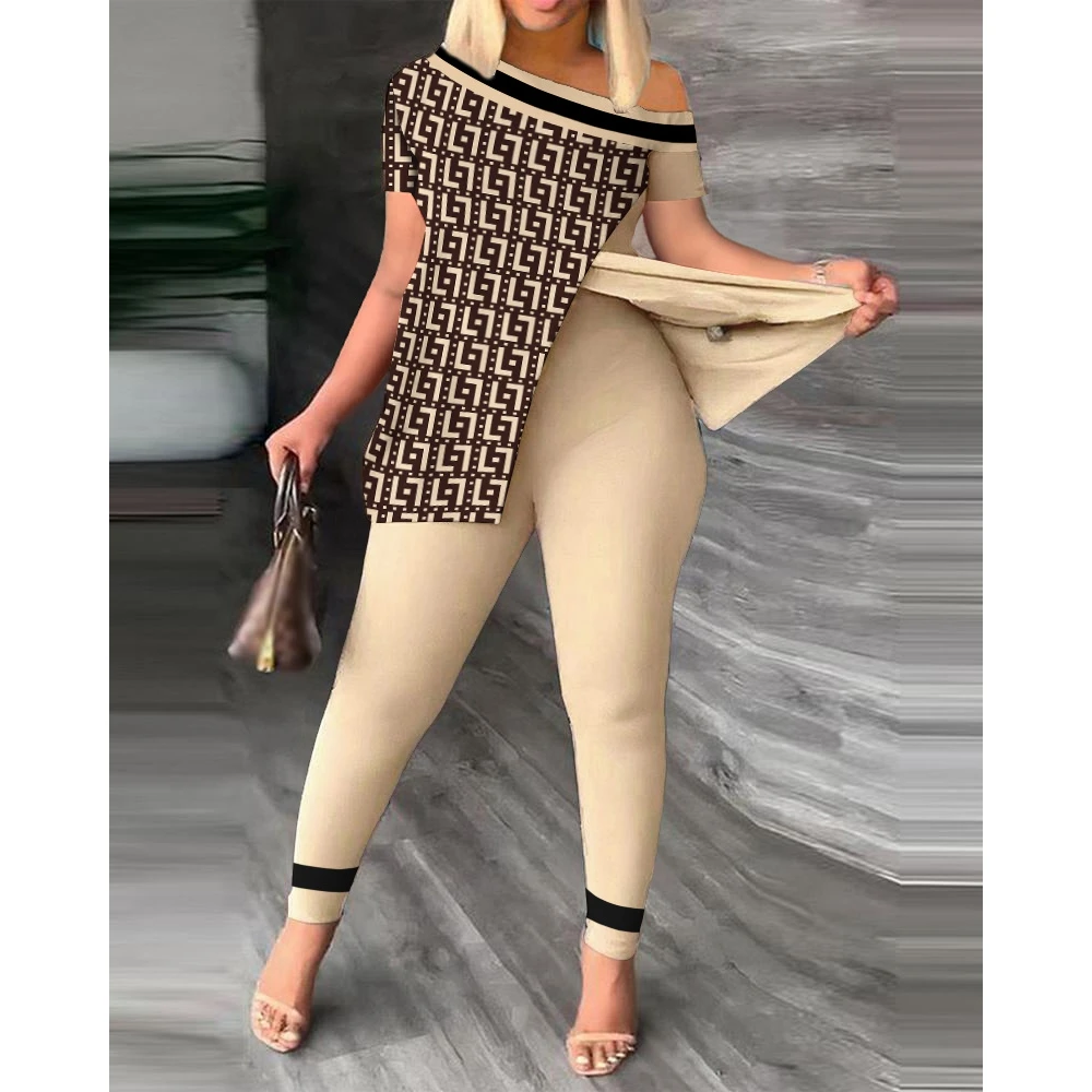 2023 Women's New Summer Fashion Geometric Print Plus Size Short Sleeve Split Hem Oblique Tops & Pants Set Femme Casual Suit Sets