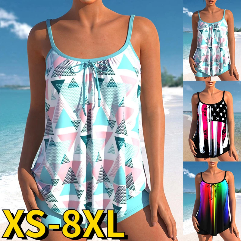 

Summer Women High Waist Monokini Female Vintage Two Piece Set Bath Suit Fashion Beachwear Rainbow Printing Tankini Beachwear