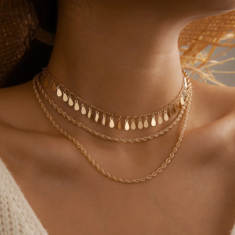 

Ожерелье-чокер Docona с многослойной кисточкой женское, чокер золотистого цвета с геометрическим узором, регулируемое Ювелирное Украшение дл...