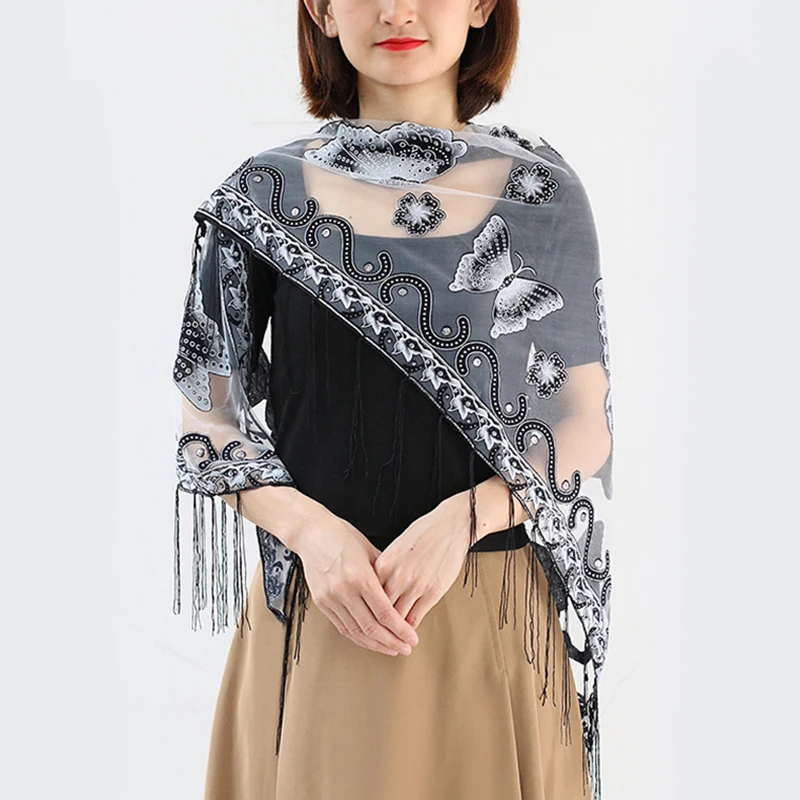 

Sexy Hollow Butterfly Lace Triangle Scarf Wedding Cloak Women Long Tassel Scarf Sun Clothing Summer Beach Towel Sunscreen Shawl
