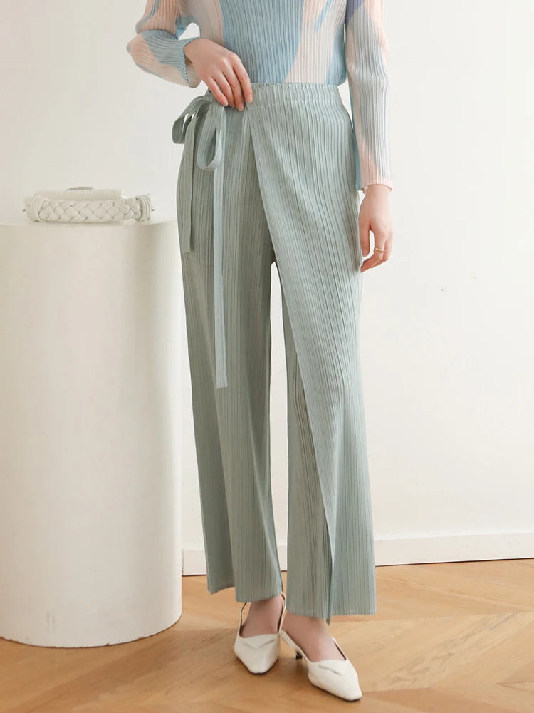 Miyake High Stretch Solid Colour Drawstring Style Fashion Design Summer Pleated Loose Casual Versatile Type Women Long Pants