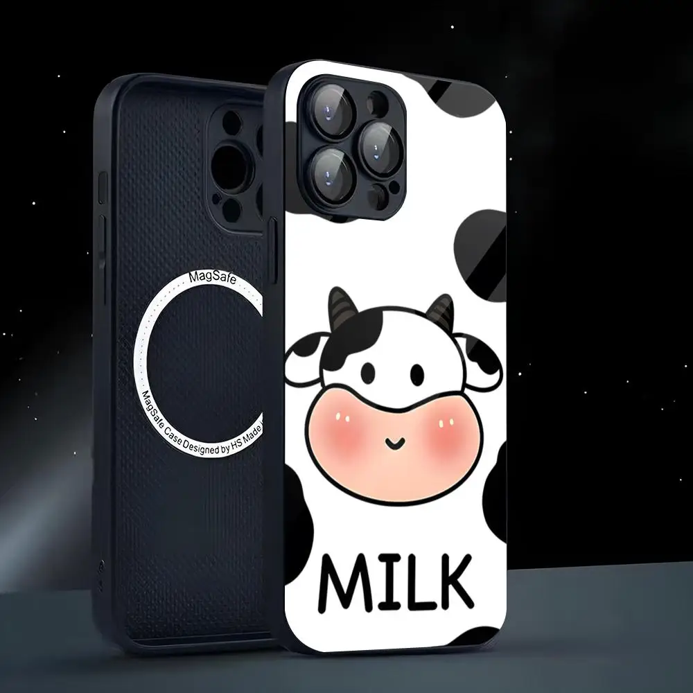 Фото Милый чехол для телефона с молочной коровой для Iphone 15, 14, 13, 11, 12 Pro Max Mini Plus, магнитный стеклянный чехол для телефона №4