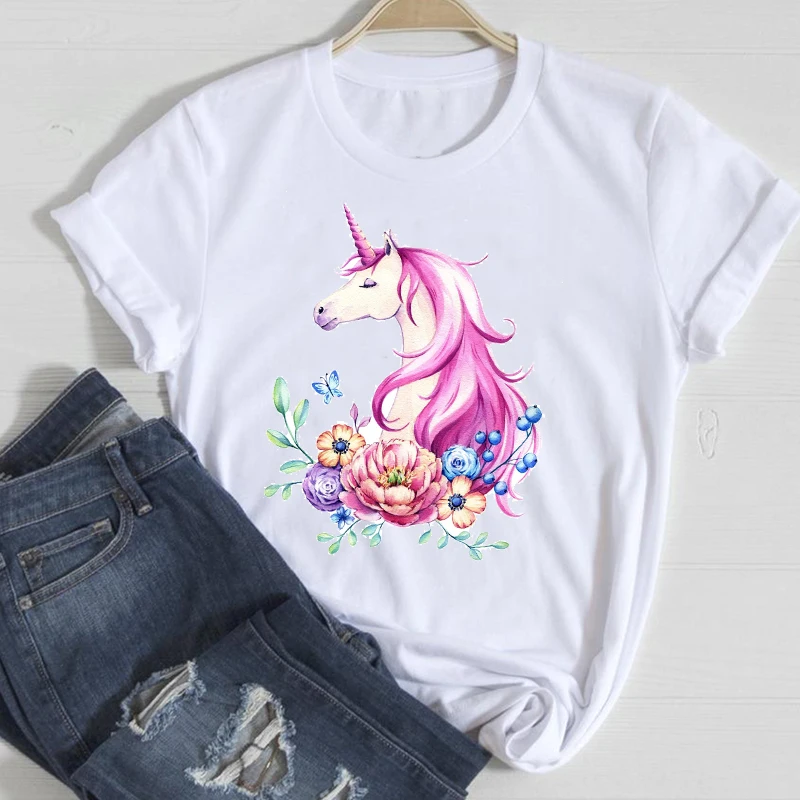 

T-shirts Women Cartoon Flower Unicorn Watercolor 2021 Spring Summer Clothes Stylish Tshirt Top Lady Print Sexy Tee T-Shirt