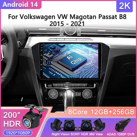 Автомобильный мультимедийный плеер, стерео-система на Android 14, с GPS, для Volkswagen Passat B8, 2015-2020, типоразмер 2DIN