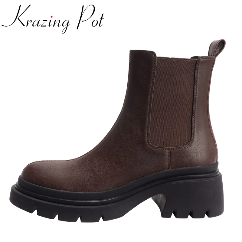 

Krazing Pot Full Grain Leather Round Toe Med Heels Chelsea Boots Waterproof Cozy British School Grace Slip on Joker Ankle Boots