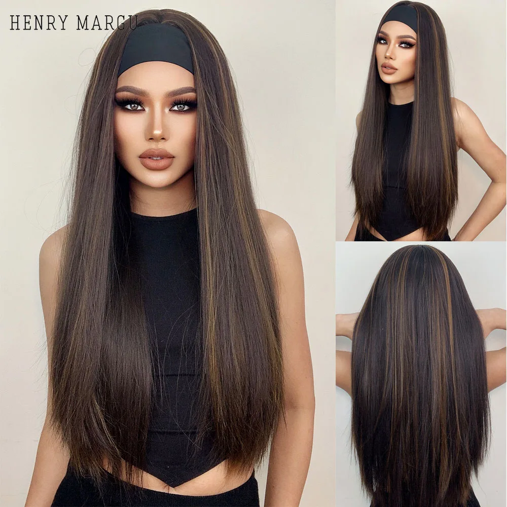 

HENRY MARGU Long Straight Headband Synthetic Wig Brown Gloden Highlight Glueless Hair Wigs for Black Women Heat Resistant