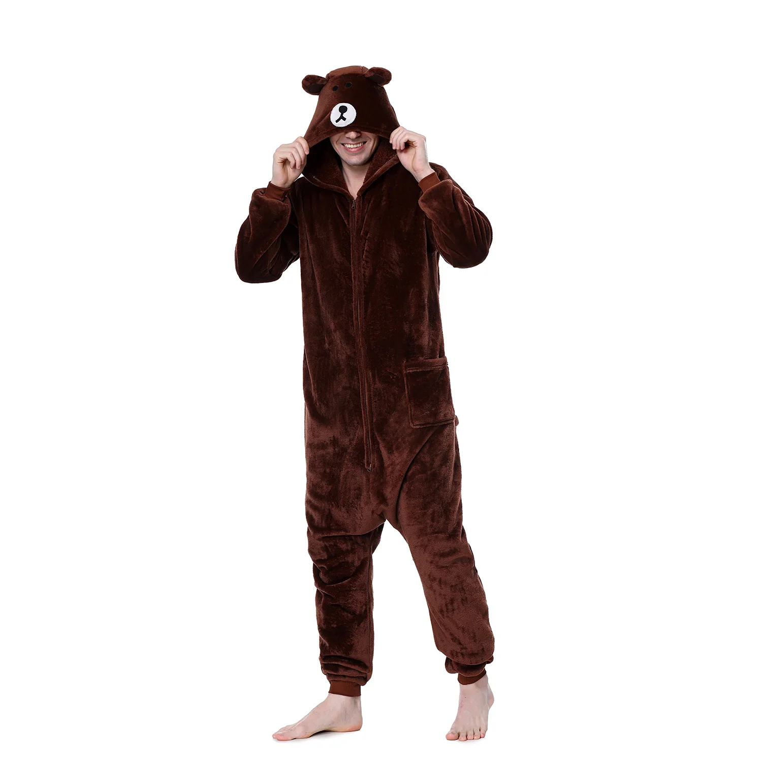 Men's Bear Onesie Funny Pajama Flannel Soft Warm Outfit Zipper Sleep Jumpsuit Animal Cartoon Suit Halloween Party Homewear Adult