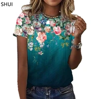 new womens rose flower pattern print top summer short sleeve casual 3d rose print t shirt