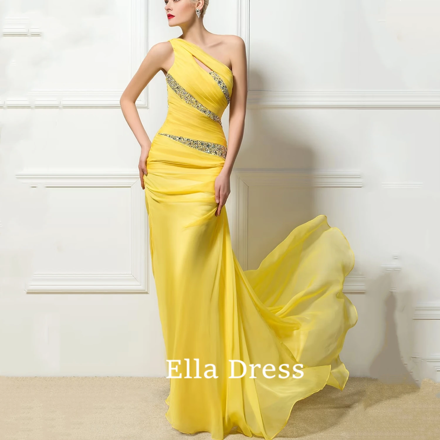 

Ella Gold One Shoulder Backless Crystal Cocktail Dress Pleated Short Mermaid Ball Gown Women's Evening Dress 2023 Dance Dresses