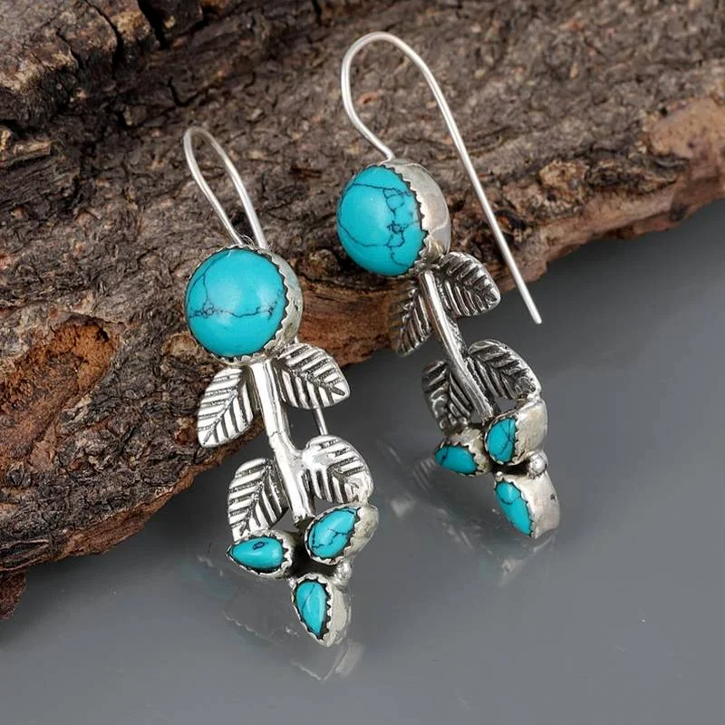 

Bohemian Round Turquoise Earrings Vintage Silver Color Geometric Carving Leaves Drop Dangle Earrings for Women