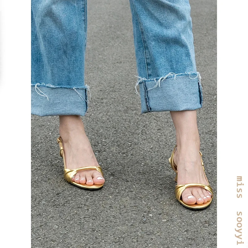 

French Style Gold Peep Toe Sandals for Women Med Vintage Ladies Shoes High Heels Luxury Sandals Women Designers