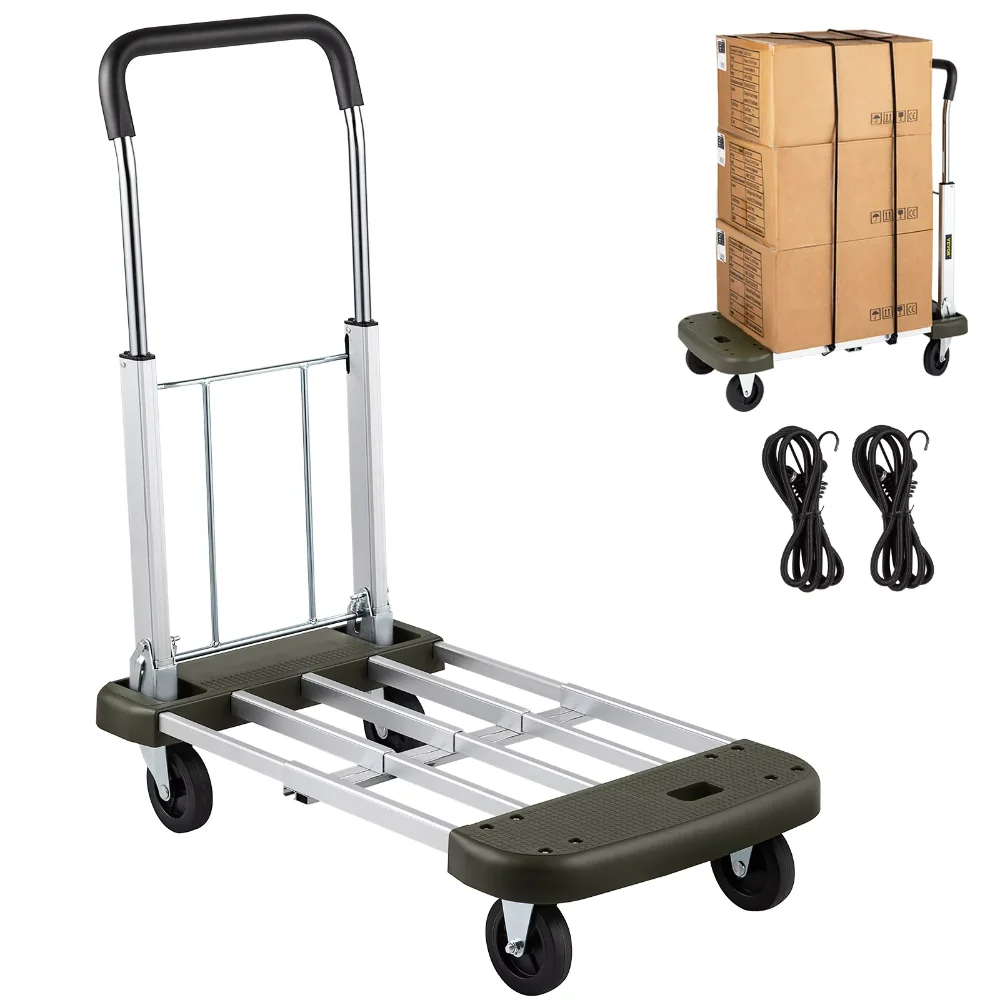 

Folding Hand Cart 330 Lbs/150 Kg Capacity Heavy Duty Luggage Truck W/ 4 Wheels, Solid Construction Aluminum Alloy Flatform Dolly