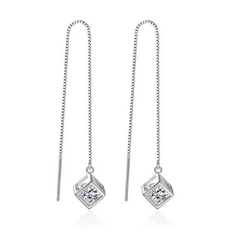 

Sterling 990 Silver Crystal Whole Body Rubik's Cube Ear Cable Earrings Women's Sticks Holes Simple Fashion Jewelry