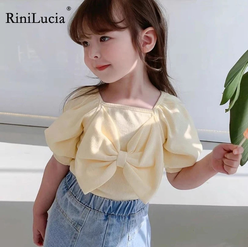 

RiniLucia Summer Baby Girl Cotton T-Shirt Puff Sleeve Toddler Girl Pincess Shirt Bowknot Square Collar Tee Top Solid Blouse