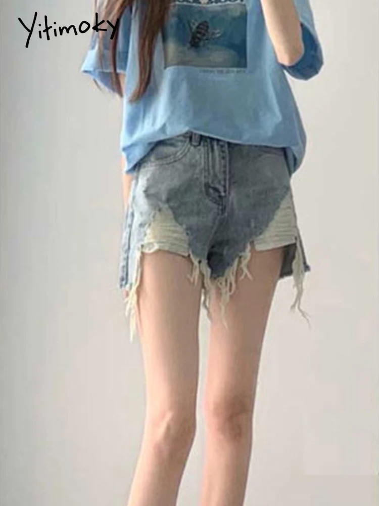 

Женские джинсовые шорты Yitimoky, летние свободные прямые широкие шорты трапециевидной формы с дырками и кисточками и высокой талией