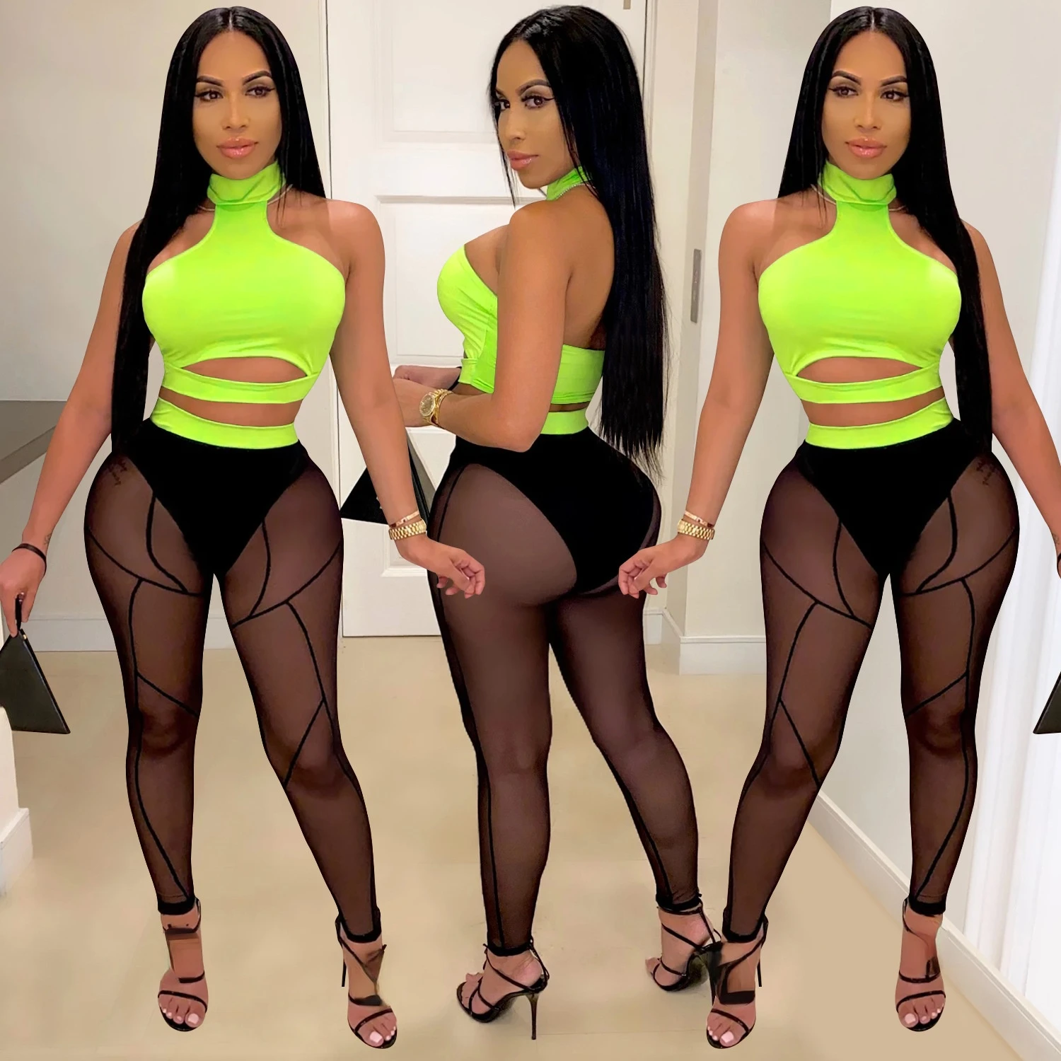 

2022 Summer Fashion New Nightclub Perspective Color Matching Ladies Two-piece Suit Women's Sleeveless Top + Pants Sexy